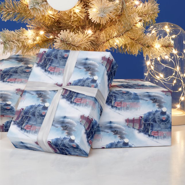 Weihnachts-Dampfzug Snowy Winter Landschaft Blau Geschenkpapier (Feiertage)