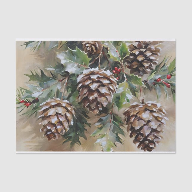 Weihnachts-Decoupage Holly und Pinecones Seidenpapier (Vorderseite)