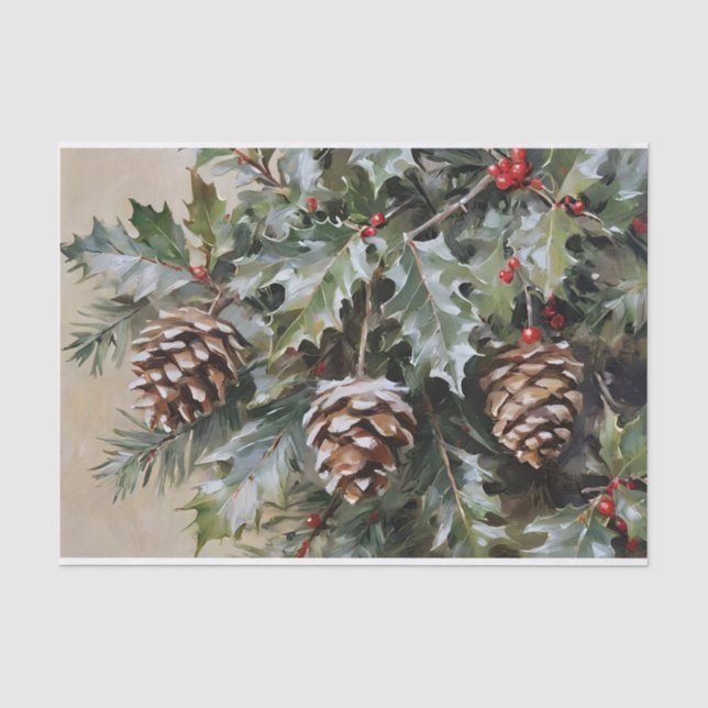 Weihnachts-Decoupage Holly und Pinecones Seidenpapier (Vorderseite)