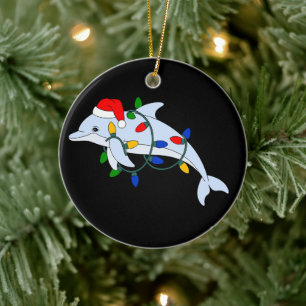 Weihnachts-Delfin-Santa-Hut-Xmas-Lichter-Ozean Keramik Ornament