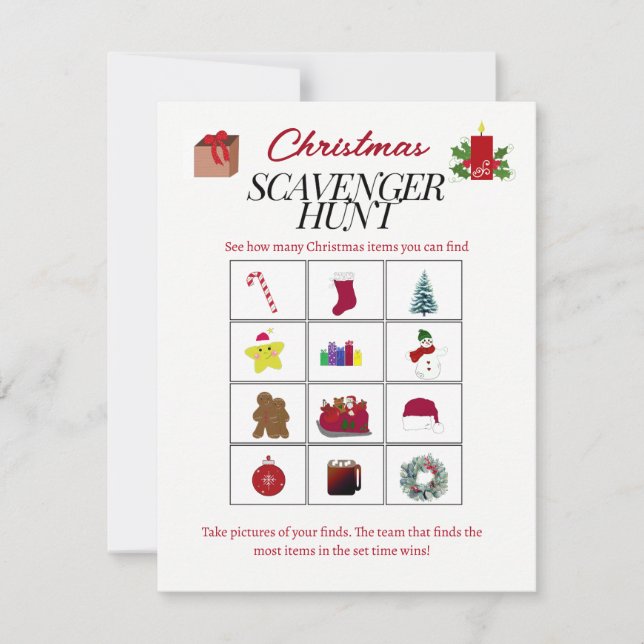 Weihnachts Designs Scavenger Hunt Game Card Einladung (Vorderseite)