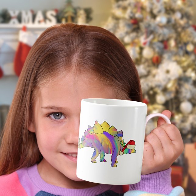 Weihnachts-Dinosaurier mit einer Weihnachtsmannmüt Kaffeetasse (Christmas dinosaur mug cute dinosaur wearing a Santa hat colorful stegosaurus watercolor )