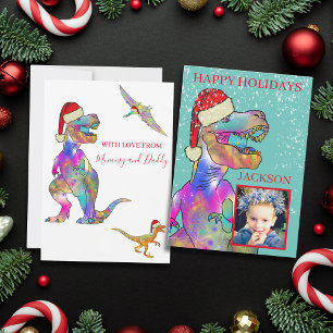Weihnachts-Dinosaurier T-Rex Santa Kinder Foto Feiertagskarte