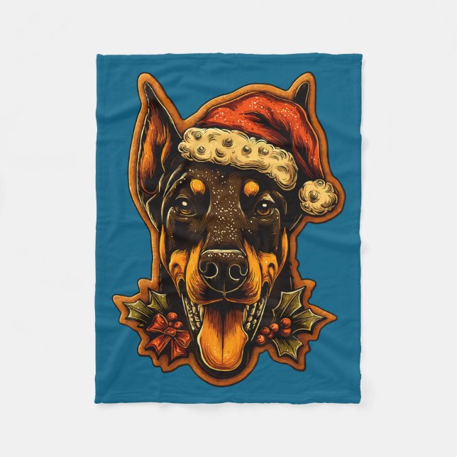 Weihnachts-Dobermann-Hund mit Santa-Hut Lebkuchen  Fleecedecke (Vorderseite)