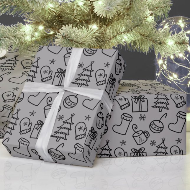 Weihnachts-Doodle-Muster Grau und Schwarz-Geschenk Geschenkpapier (Von Creator hochgeladen)
