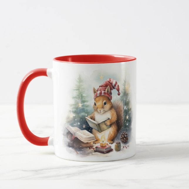 Weihnachts-Eichhörnchen beim Lesen Tasse (Links)