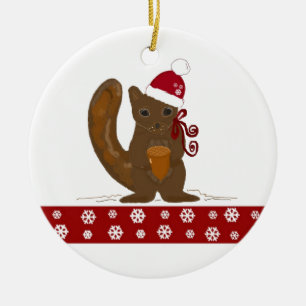 Weihnachts-Eichhörnchen mit Schneeflockenrand Keramik Ornament