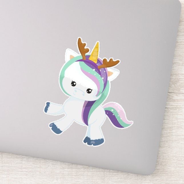 Weihnachts-Einhorn, Niedliches Einhorn, Antler, We Aufkleber (Detail)