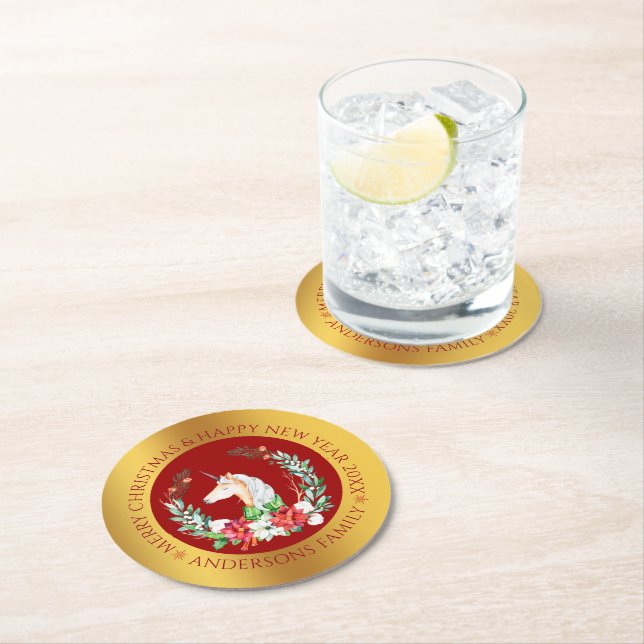 Weihnachts-Einhorngold-Runder-Untersetzer Runder Pappuntersetzer (Vor Ort)