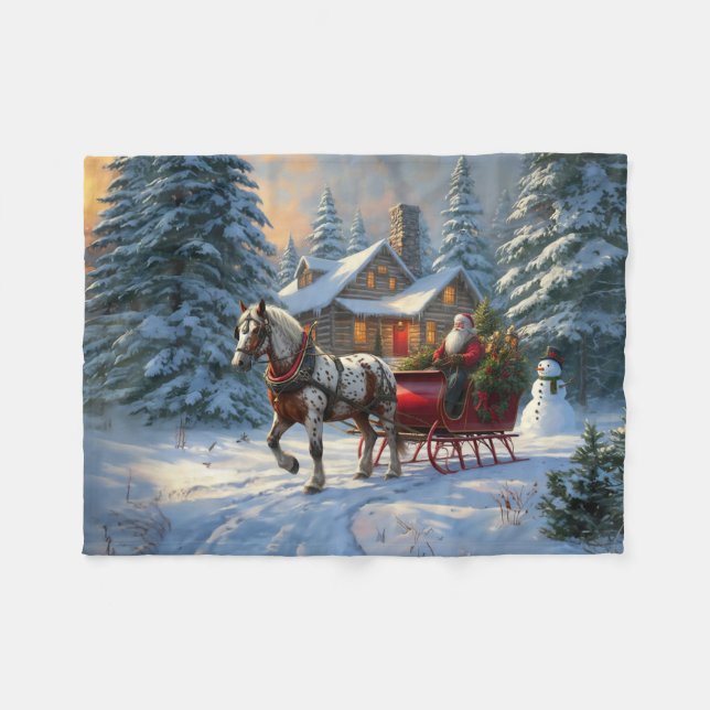 Weihnachts-Einpänner-Schlitten-Santa Fleecedecke (Vorderseite (Horizontal))