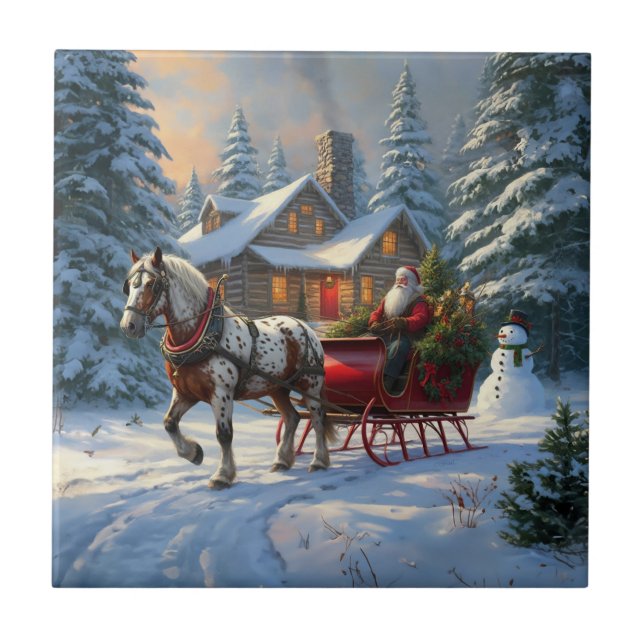 Weihnachts-Einpänner-Schlitten-Santa Fliese (Vorderseite)