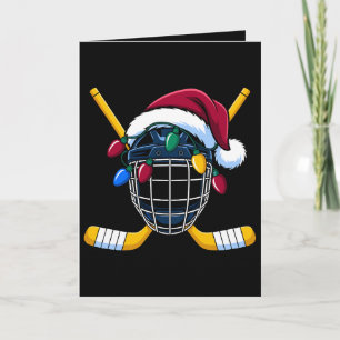 Weihnachts-Eishockeyhelm-Santa-Hut-Lichter-Sticks Karte