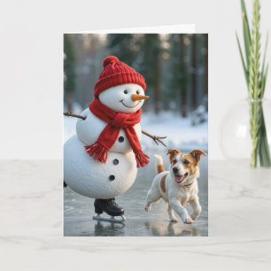 Weihnachts-Eislauf-Schneemann mit Hund Feiertagskarte
