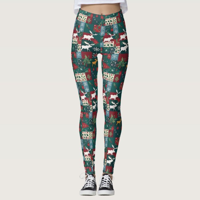 Weihnachts-Elch-Blumen-Patchwork Leggings (Vorderseite)