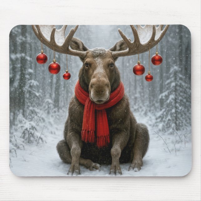 Weihnachts-Elch in einem schneebedeckten Wald Mousepad (Vorne)