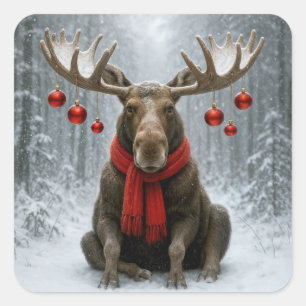 Weihnachts-Elch in einem schneebedeckten Wald Quadratischer Aufkleber