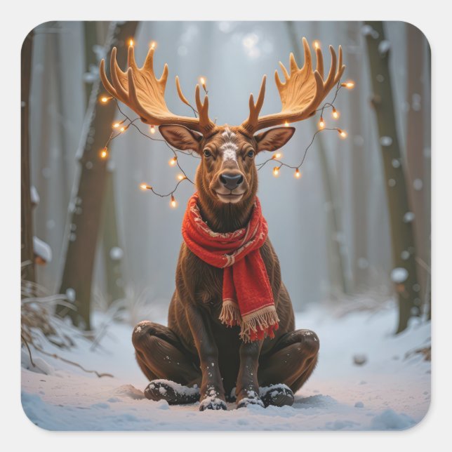 Weihnachts-Elch mit Schal und Lichtern Quadratischer Aufkleber (Vorderseite)