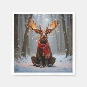 Weihnachts-Elch mit Schal und Lichtern Serviette