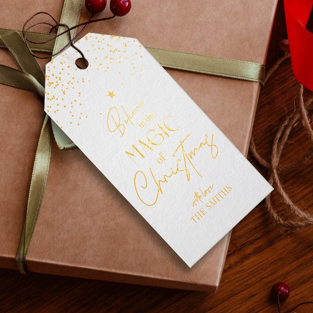 Weihnachts-Elegante Kalligrafie White & Gold Glitz Geschenkanhänger (Elegant white and gold foil christmas gift tag)