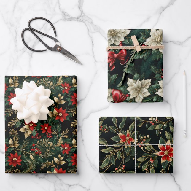 Weihnachts-Eleganz: Timeless Holly Wreath Pattern Geschenkpapier Set (Vorderseite)