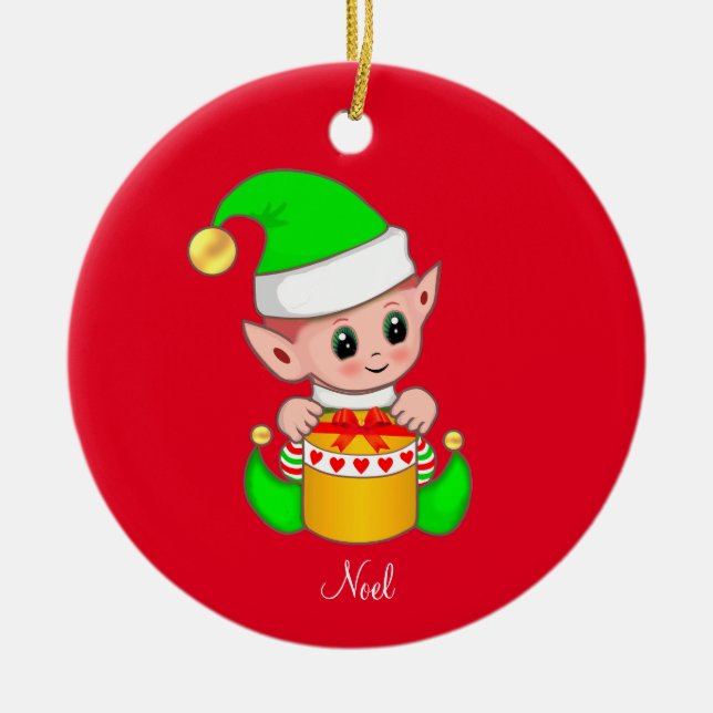 Weihnachts-Elf auf Rot Keramik Ornament (Vorne)