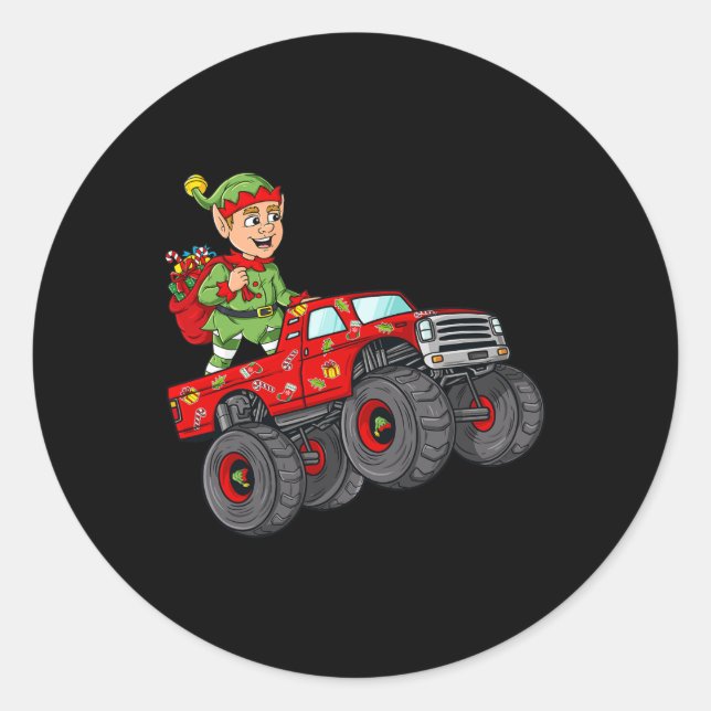 Weihnachts Elf Reitmonster Truck Boys Kinder Famil Runder Aufkleber (Vorderseite)