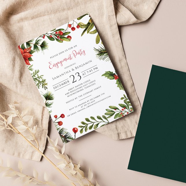 Weihnachts-Engagement Party Grüne Skript Einladung (Poinsettia Greenery Christmas Engagement Party Invitation)