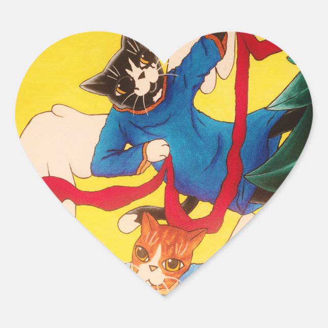 Weihnachts-Engel-Cherub-Katzen Herz-Aufkleber (Vorderseite)