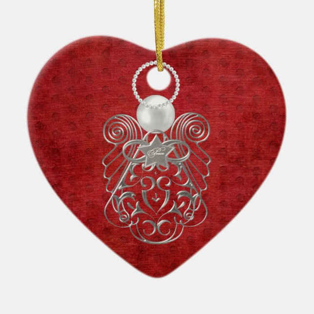 Weihnachts Engel des Friedens auf Red Textured Che Keramik Ornament (Vorne)