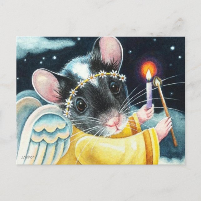 Weihnachts-Engel-Maus und Candle Wasserfarbe Kunst Postkarte (Vorderseite)