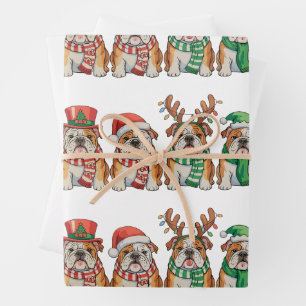 Weihnachts-Englisch-Bulldogge-Hund-Santa-Hut-Renti Geschenkpapier Set