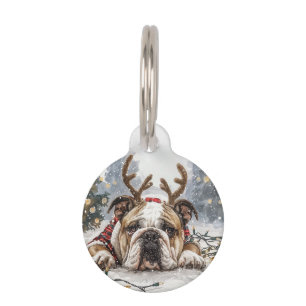 Weihnachts-Englische-Bulldogge-Rentier Haustiermarke