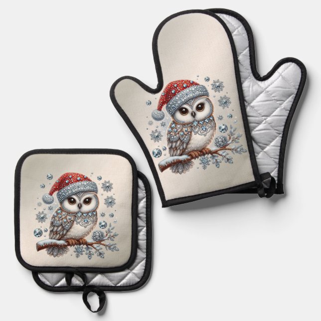 Weihnachts-Eule-Feiertag Ofenhandschuh & Topflappen-Set (Vorderseite/Rückseite)