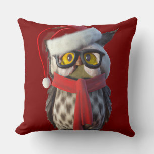 Weihnachts-Eule mit Santa-Kostüm und rotem Schal Kissen