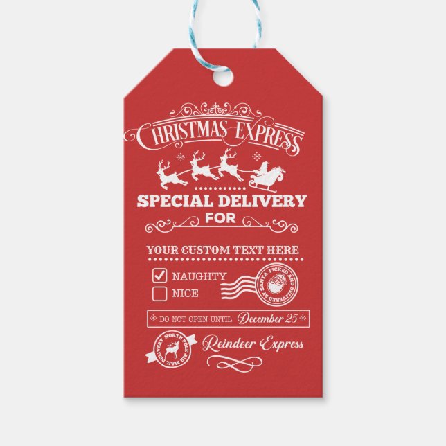 Weihnachts-Express Sonderlieferung NAUGHTY NICE Geschenkanhänger (Vorderseite)