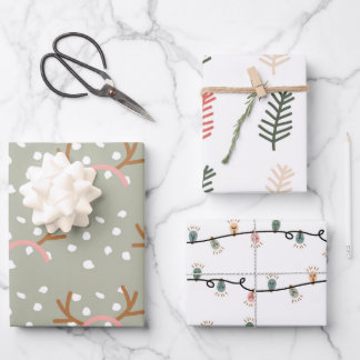 Weihnachts-festliche Blumen und Lichter Set von 3 Geschenkpapier Set