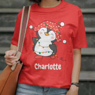 Weihnachts festliche Pinguin Red Custom Girls Name T-Shirt