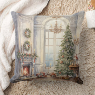 Weihnachts Fireplace Window Tree Blue Kissen