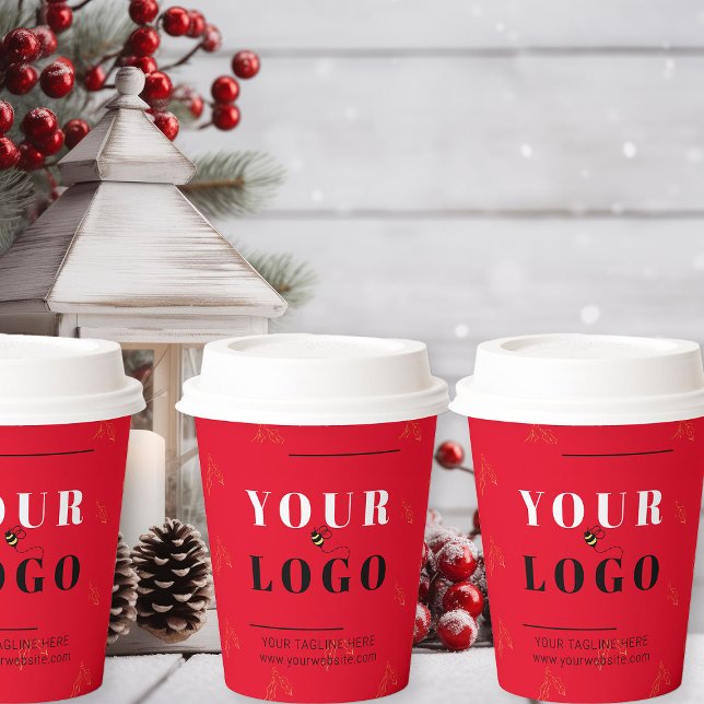 Weihnachts-Firmenlogo Red Holly Gemustert Pappbecher (Logo branded Christmas takeout coffee cups)