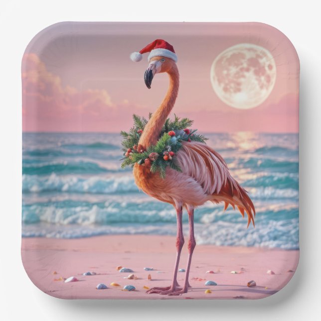 Weihnachts Flamingo am rosa Strand Pappteller (Vorderseite)