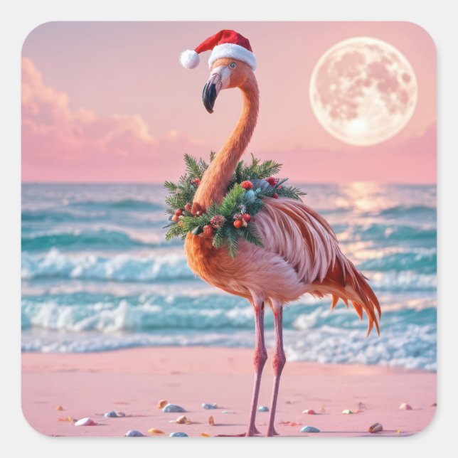 Weihnachts-Flamingo am rosa Strand Quadratischer Aufkleber (Vorderseite)