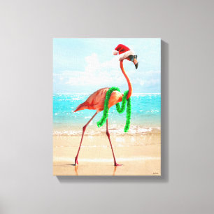 Weihnachts-Flamingo am Strand Leinwanddruck