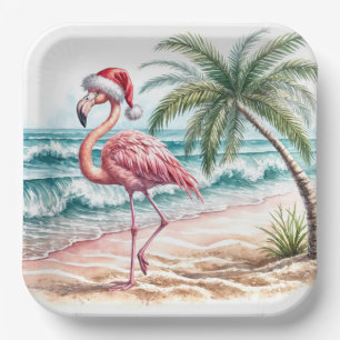 Weihnachts-Flamingo am Strand Pappteller