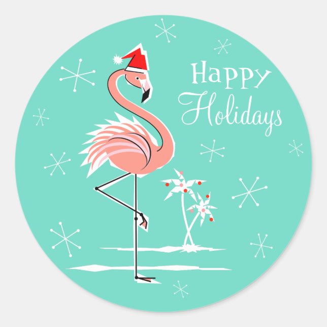 Weihnachts Flamingo Happy Holidays Aufkleber rund (Vorderseite)