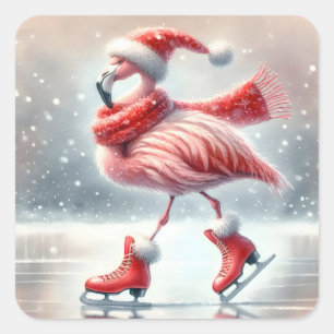 Weihnachts Flamingo Ice Skaten Quadratischer Aufkleber