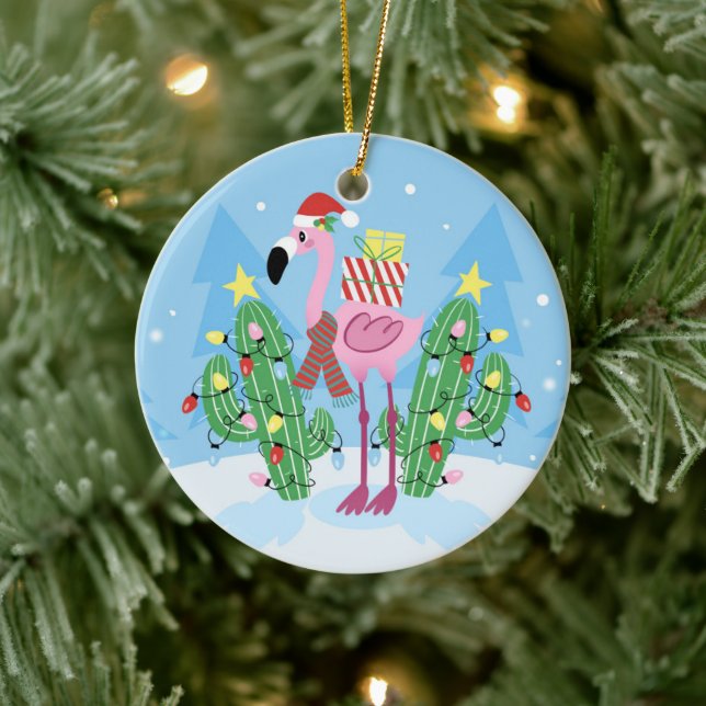 Weihnachts-Flamingo mit Kaktus Keramik Ornament (Baum)