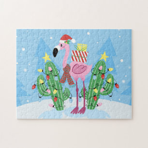Weihnachts-Flamingo mit Kaktus Puzzle