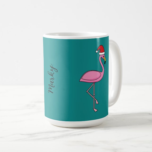 Weihnachts-Flamingo mit Weihnachtsmannmütze | Name Kaffeetasse (VorderseiteRechts)