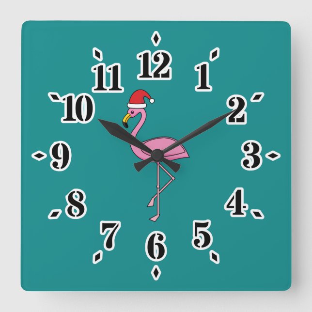 Weihnachts-Flamingo mit Weihnachtsmannmütze Quadratische Wanduhr (Vorderseite)
