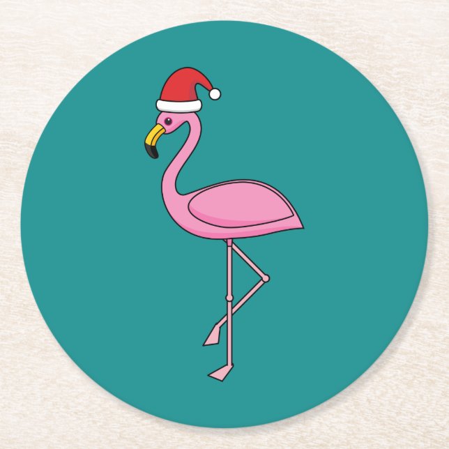 Weihnachts-Flamingo mit Weihnachtsmannmütze Runder Pappuntersetzer (Vorderseite)